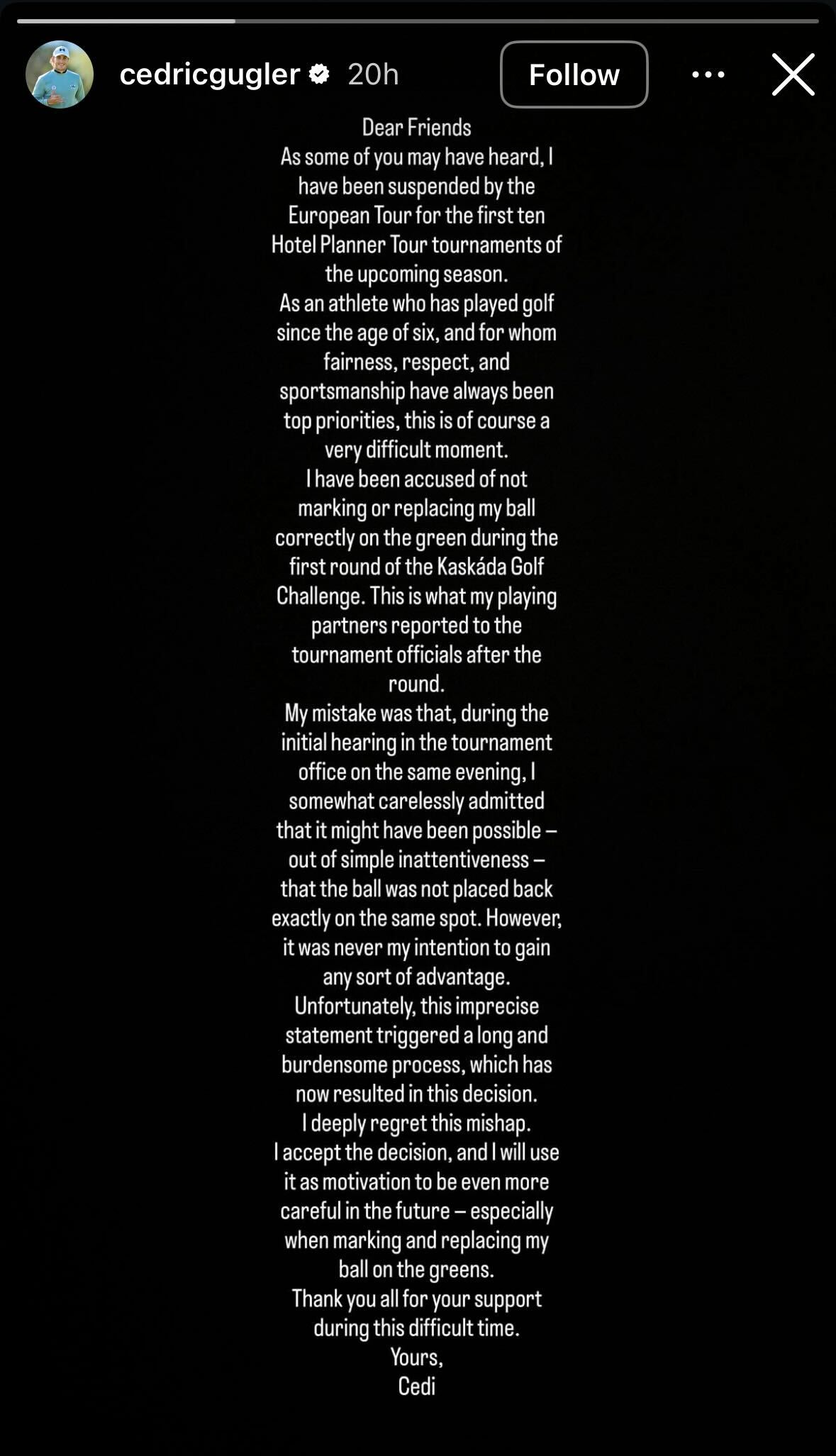 A statement on Cedric Gugler's Instagram page