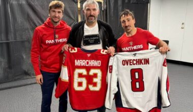 Alex Ovechkin exchanges jerseys with Brad Marchand after Panthers winger registers 1,000th NHL point against Capitals