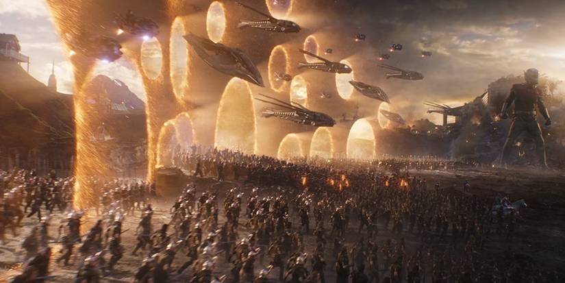 Marvel superheroes appear through portals during the Avengers: Endgame finale.
