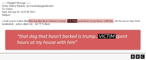Image shows an email exchange released as part of the files, with a highlighted line reading: "that dog that hasn't barked is Trump.. [VICTIM] spent hours at my house with him". 