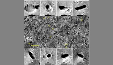 A series of grayscale images showing holes in the surface of Mars where caves have formed