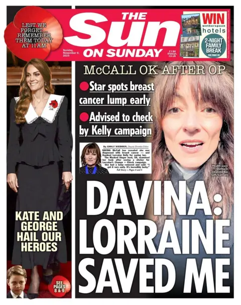 The headline on the front page of the Sun reads: “Davina: Lorraine saved me”.
