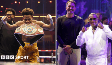 Split image of Devin Haney biting his WBO belt and Eddie Hearn and Conor Benn ringside