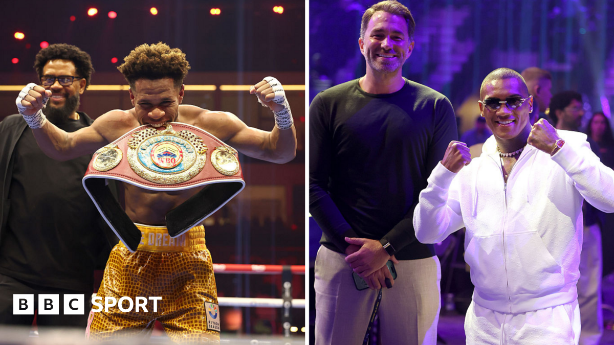 Split image of Devin Haney biting his WBO belt and Eddie Hearn and Conor Benn ringside