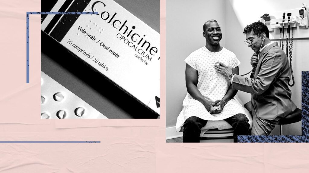 A photo collage of a packet of colchicine tablets and a patient getting his heart checked and listened to by a doctor