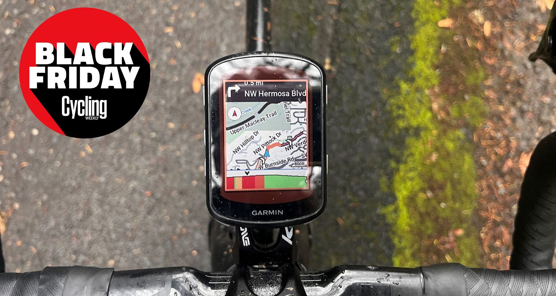 Garmin Edge 540 mounted on a K-Edge outfront mount, with the cycling weekly black friday roundel in the corner