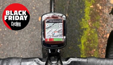 Garmin Edge 540 mounted on a K-Edge outfront mount, with the cycling weekly black friday roundel in the corner