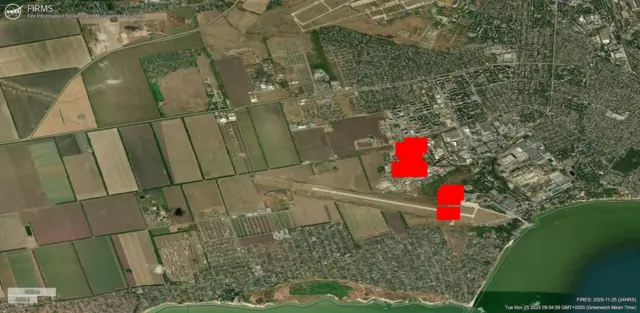 A screengrab from Nasa’s Fire Information for Resource Management System (FIRMS), an open-source platform that uses satellite data to detect and show active fires and thermal anomalies, shows two significant heat signatures at the Taganrog airfield within the past 24 hours.