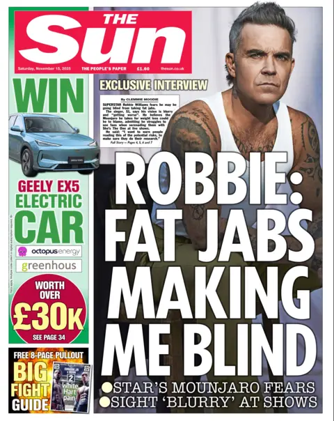 "Fat jabs making me blind" reads the headline on the front page of The Sun.