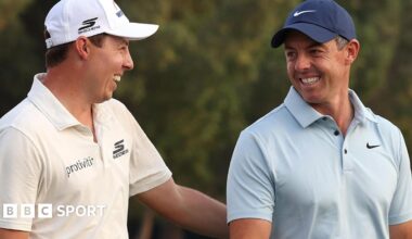 Matt Fitzpatrick and Rory McIlroy have a laugh after the DP World Tour Championship