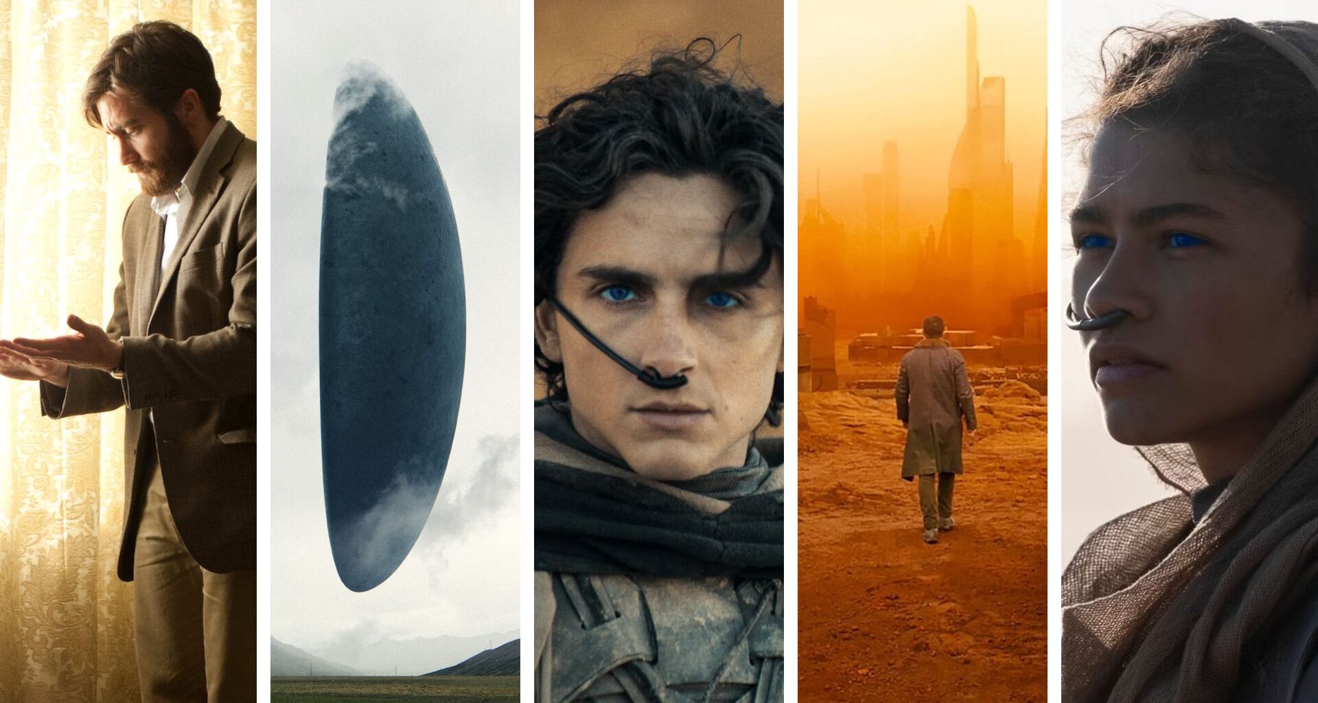 Split image showing five Denis Villeneuve sci-fi movies. L-R: Enemy, Arrival, Dune: Part Two, Blade Runner 2049, and Dune.