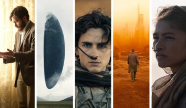 Split image showing five Denis Villeneuve sci-fi movies. L-R: Enemy, Arrival, Dune: Part Two, Blade Runner 2049, and Dune.