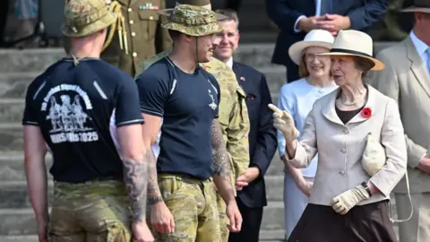 EPA Princess Anne on the right of the picture, wearing a cream hat and jacket, talking to service personnel wearing fatigues