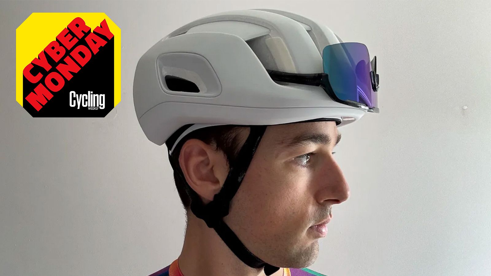 Tester Andy Turner wearing the POC Cytal MIPS Helmet in White, with the Cycling Weekly Cyber Monday 2025 logo.