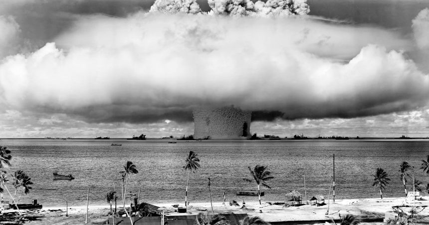Mushroom-shaped cloud and water column from the underwater Baker nuclear explosion of July 25, 1946.