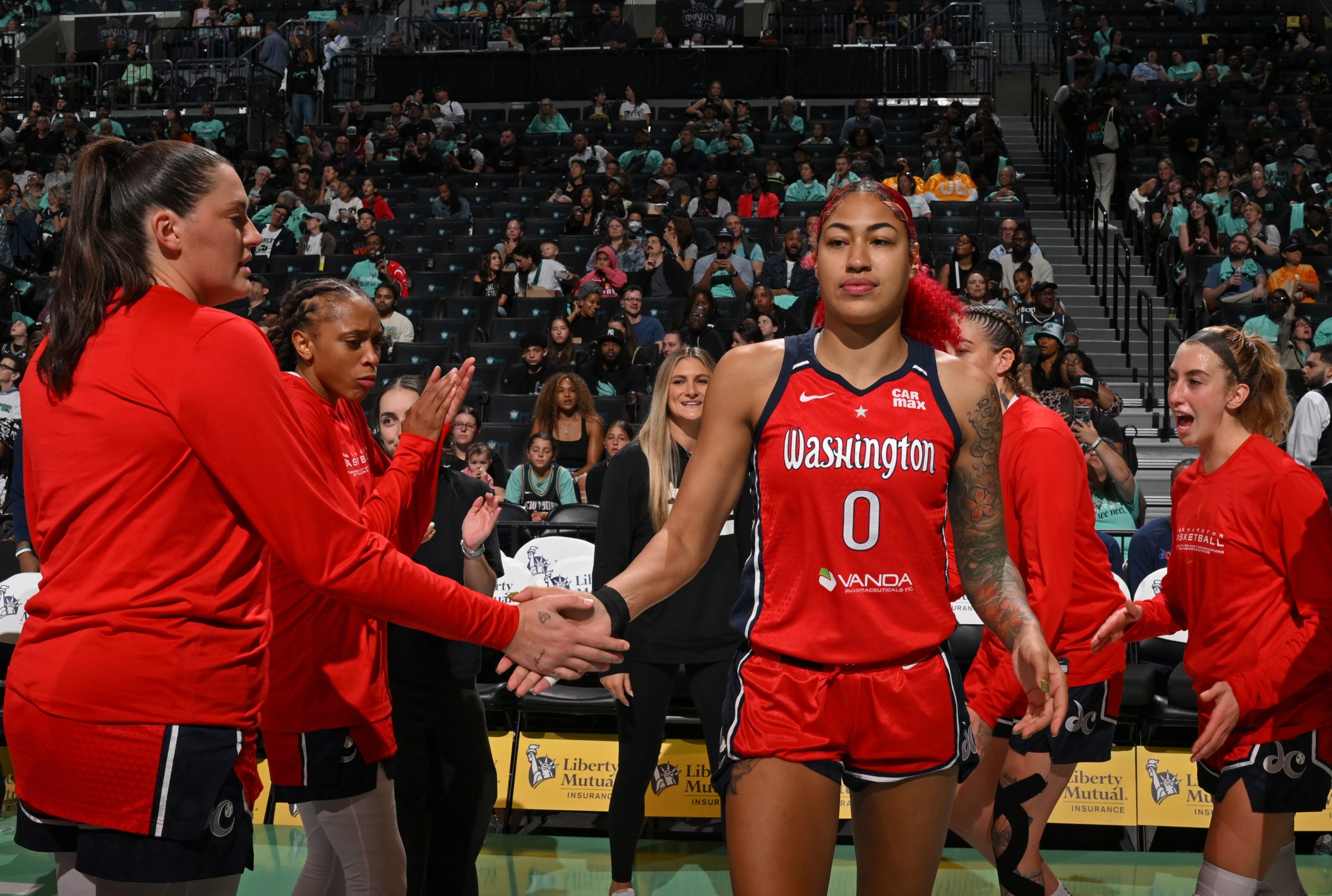 BROOKLYN, NY - SEPTEMBER 9: Shakira Austin #0 of the Washington Mystics is introduced before the game against the New York Liberty on September 9, 2025 at Barclays Center in Brooklyn, New York. NOTE TO USER: User expressly acknowledges and agrees that, by downloading and or using this Photograph, user is consenting to the terms and conditions of the Getty Images License Agreement. Mandatory Copyright Notice: Copyright 2025 NBAE (Photo by David Dow/NBAE via Getty Images)
