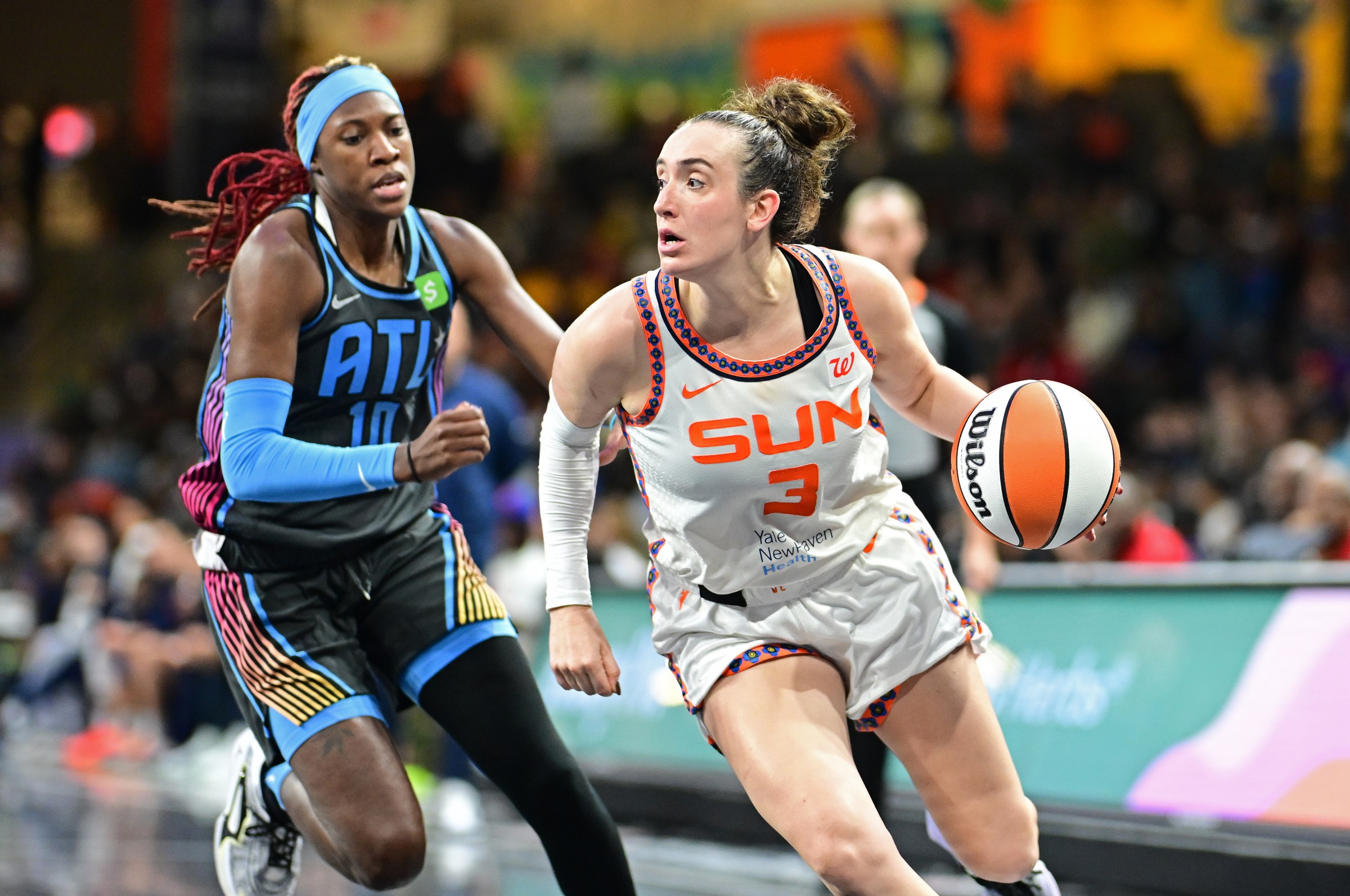 ATLANTA, GA - SEPTEMBER 8: Marina Mabrey #3 of the Connecticut Sun drives to the basket during the game against the Atlanta Dream on September 8, 2025 at Gateway Center Arena at College Park in Atlanta, Georgia. NOTE TO USER: User expressly acknowledges and agrees that, by downloading and or using this photograph, User is consenting to the terms and conditions of the Getty Images License Agreement. Mandatory Copyright Notice: Copyright 2025 NBAE (Photo by Adam Hagy/NBAE via Getty Images)