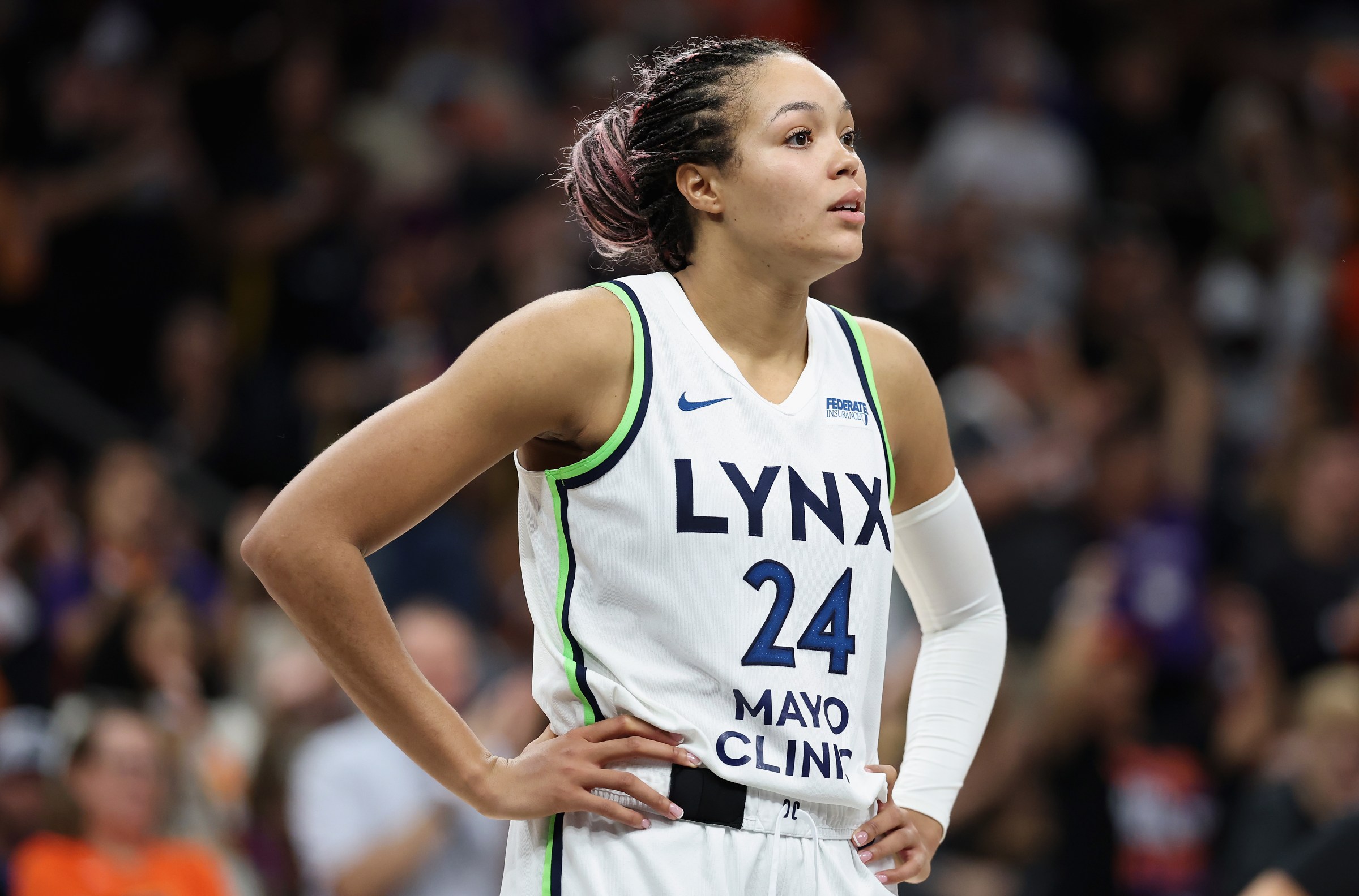 PHOENIX, ARIZONA - SEPTEMBER 26: Napheesa Collier #24 of the Minnesota Lynx reacts during the second half of Game Three of the 2025 WNBA Playoffs semifinals at PHX Arena on September 26, 2025 in Phoenix, Arizona. The Mercury defeated the Lynx 84-76. NOTE TO USER: User expressly acknowledges and agrees that, by downloading and or using this photograph, User is consenting to the terms and conditions of the Getty Images License Agreement. (Photo by Christian Petersen/Getty Images)