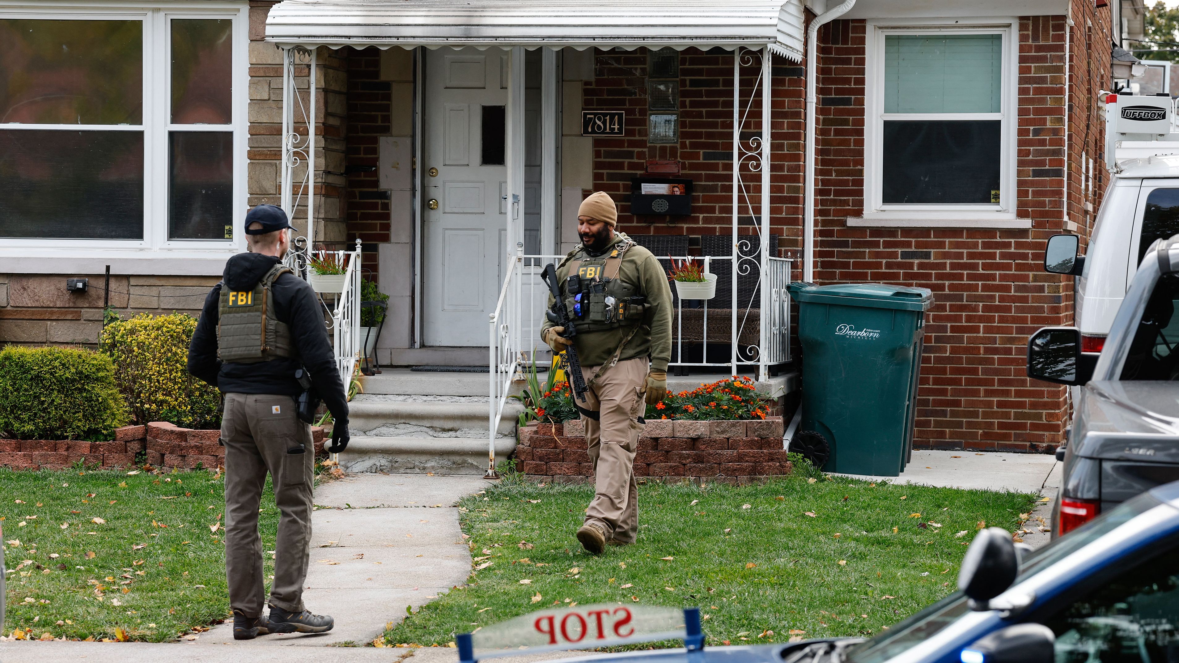Members of the FBI Joint Terrorism Task Force search a home in Dearborn, Michigan, on October 31, 2025. FBI Director Kash Patel said Friday that the agency had thwarted a 