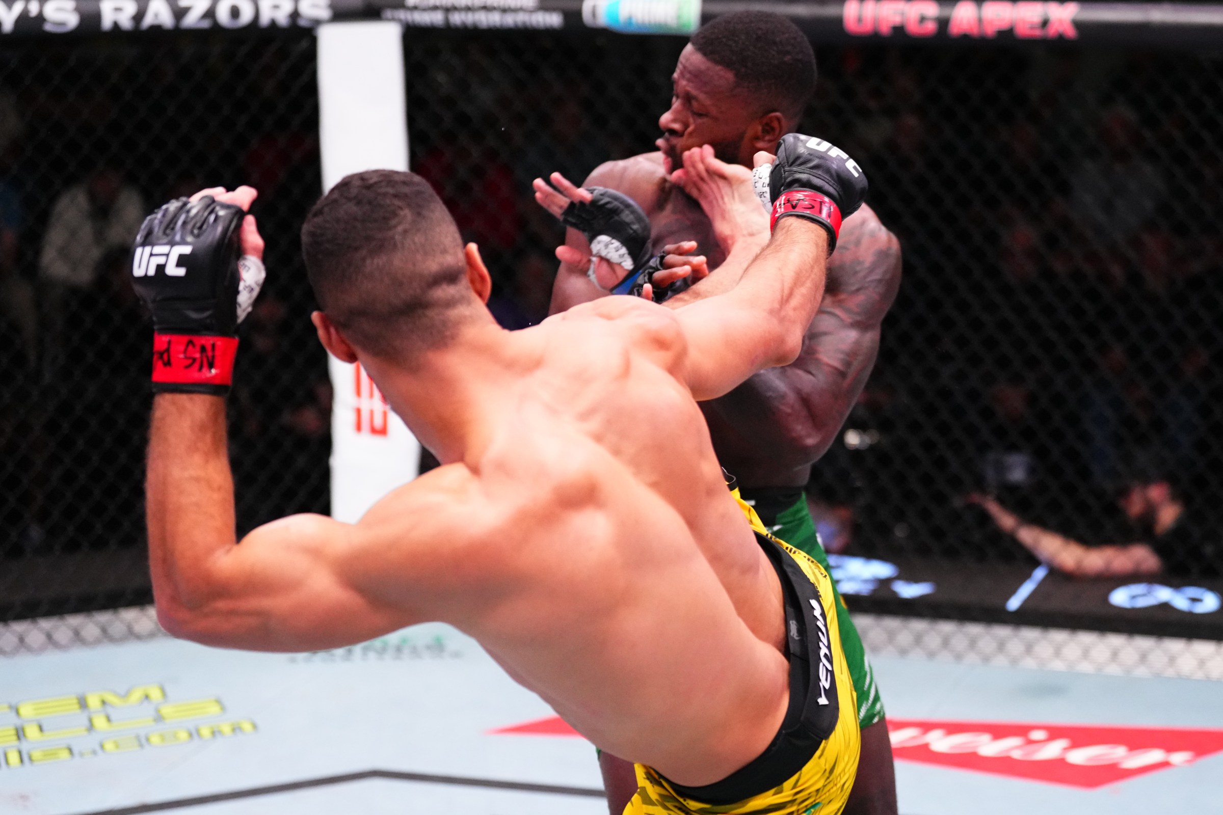 LAS VEGAS, NEVADA - NOVEMBER 08: (L-R) Gabriel Bonfim of Brazil kicks Randy Brown of Jamaica in a welterweight fight during the UFC Fight Night event at UFC APEX on November 08, 2025 in Las Vegas, Nevada. (Photo by Jeff Bottari/Zuffa LLC)