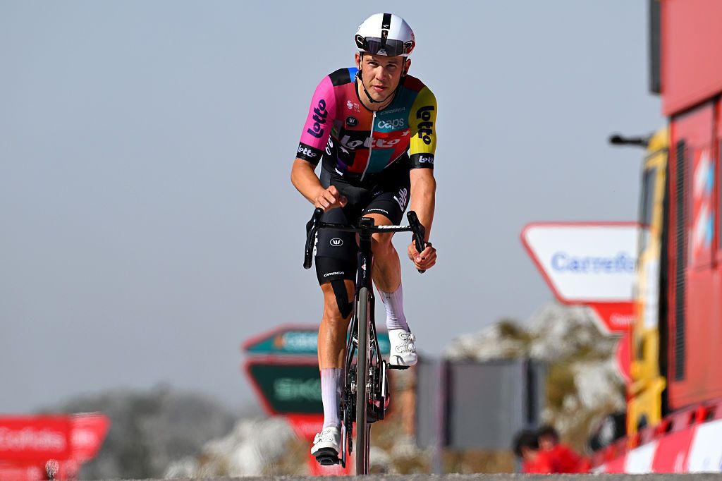 L&amp;apos;ANGLIRU, SPAIN - SEPTEMBER 05: Jonas Gregaard of Denmark and Team Lotto crosses the finish line during the La Vuelta - 80th Tour of Spain 2025, Stage 13 a 203.7km stage from Cabezon de la Sal to L&amp;apos;Angliru 1556m / #UCIWT / on September 05, 2025 in L&amp;apos;Angliru, Spain. (Photo by Tim de Waele/Getty Images)