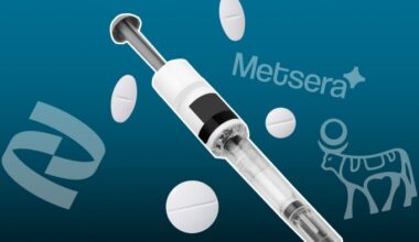 Logos of Pfizer, Metsera and Novo Nordisk with a weight-loss injection pen and white pills on a blue background.