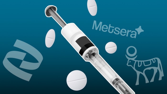 Logos of Pfizer, Metsera and Novo Nordisk with a weight-loss injection pen and white pills on a blue background.