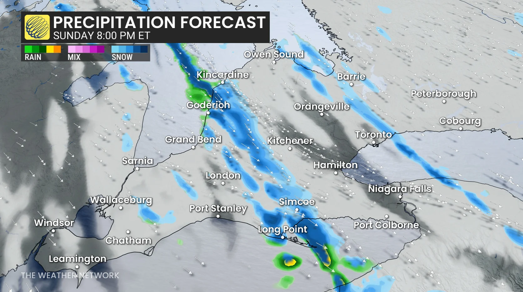 Ontario precipitation timing Sunday evening