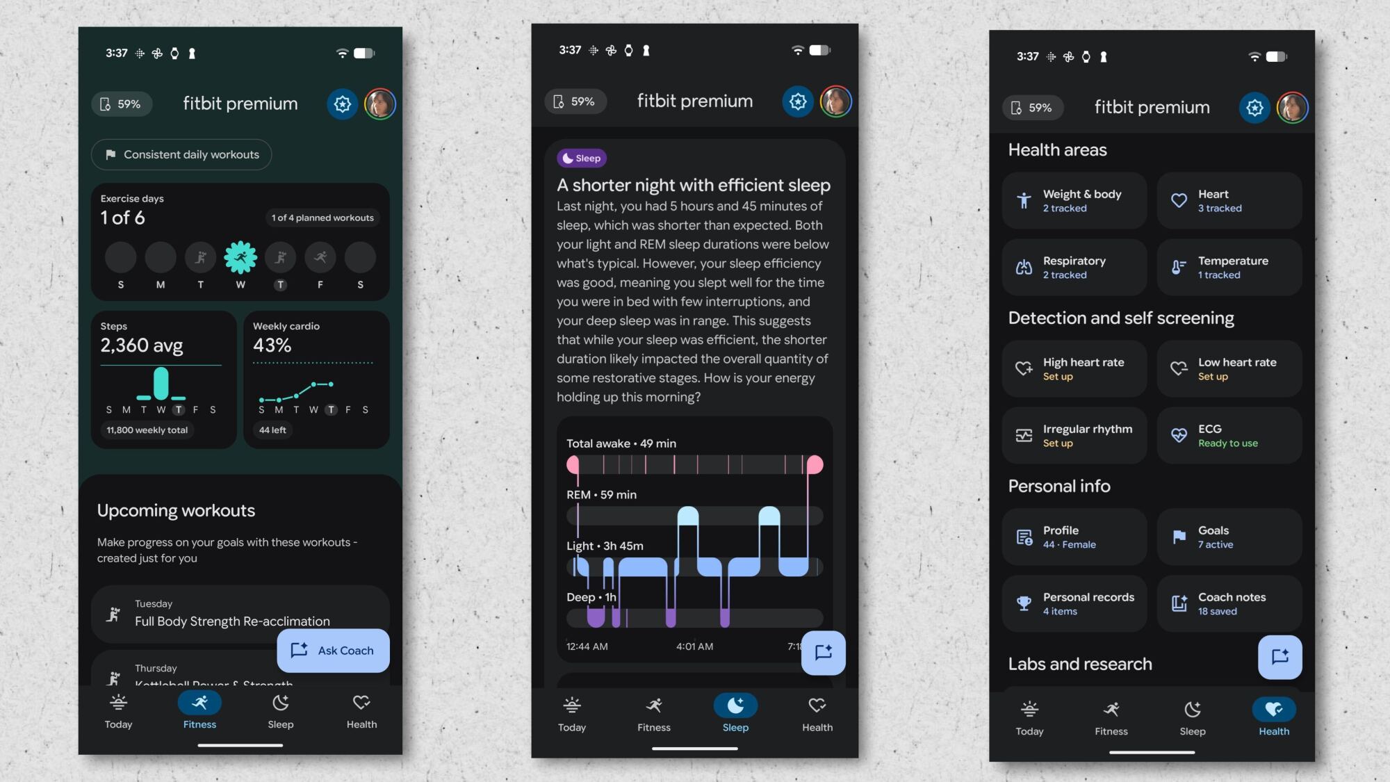 Screenshots of the Fitness, Sleep, and Health tabs