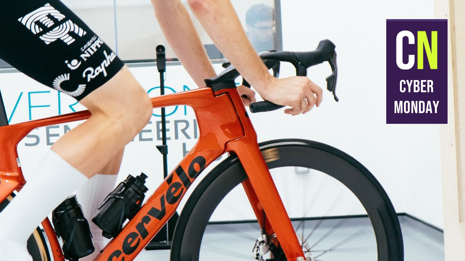 A man on a Cervelo bike in a wind tunnel