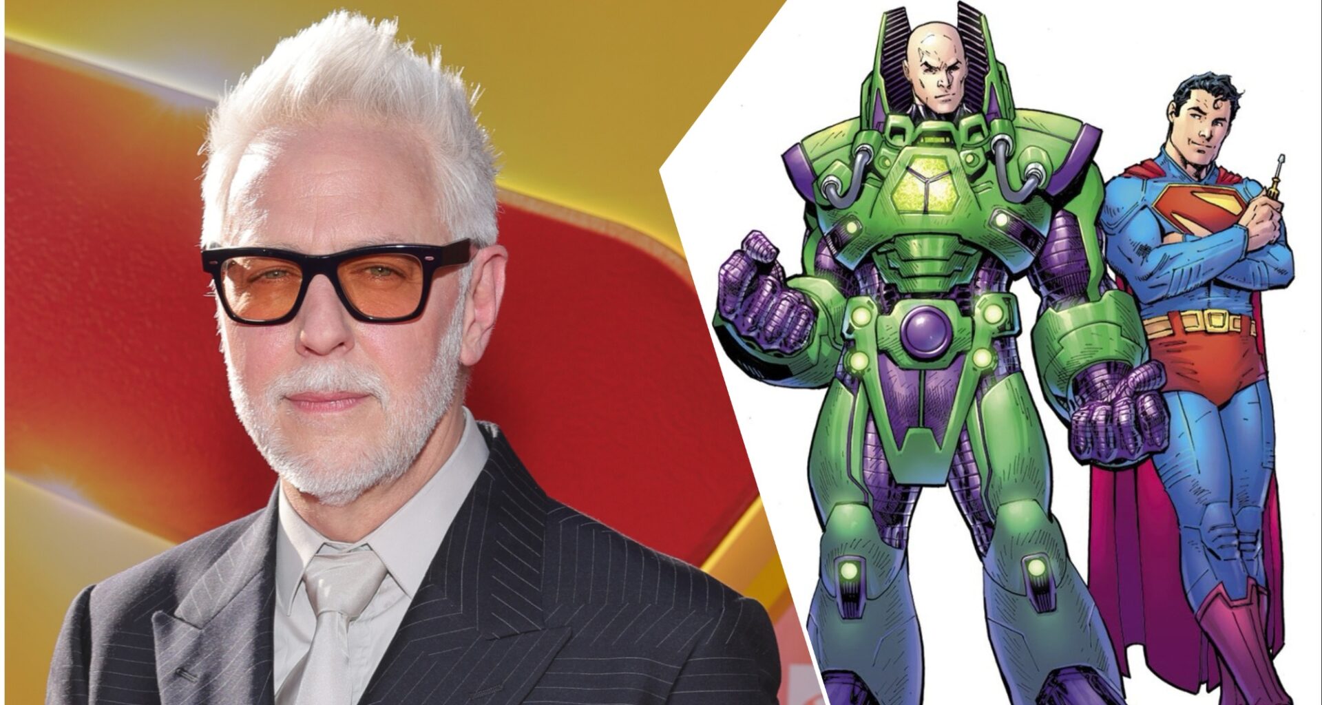 A combination of a photo featuring a man with white hair and glasses beside an illustration of Superman and Lex Luthor in their iconic costumes, highlighting the upcoming Superman sequel. The background includes a vibrant design related to the Superman theme.