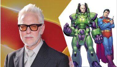 A combination of a photo featuring a man with white hair and glasses beside an illustration of Superman and Lex Luthor in their iconic costumes, highlighting the upcoming Superman sequel. The background includes a vibrant design related to the Superman theme.