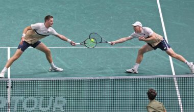 Henry Patten and Harri Heliovaara in action on Saturday during their Rolex Paris Masters semi-final win.
