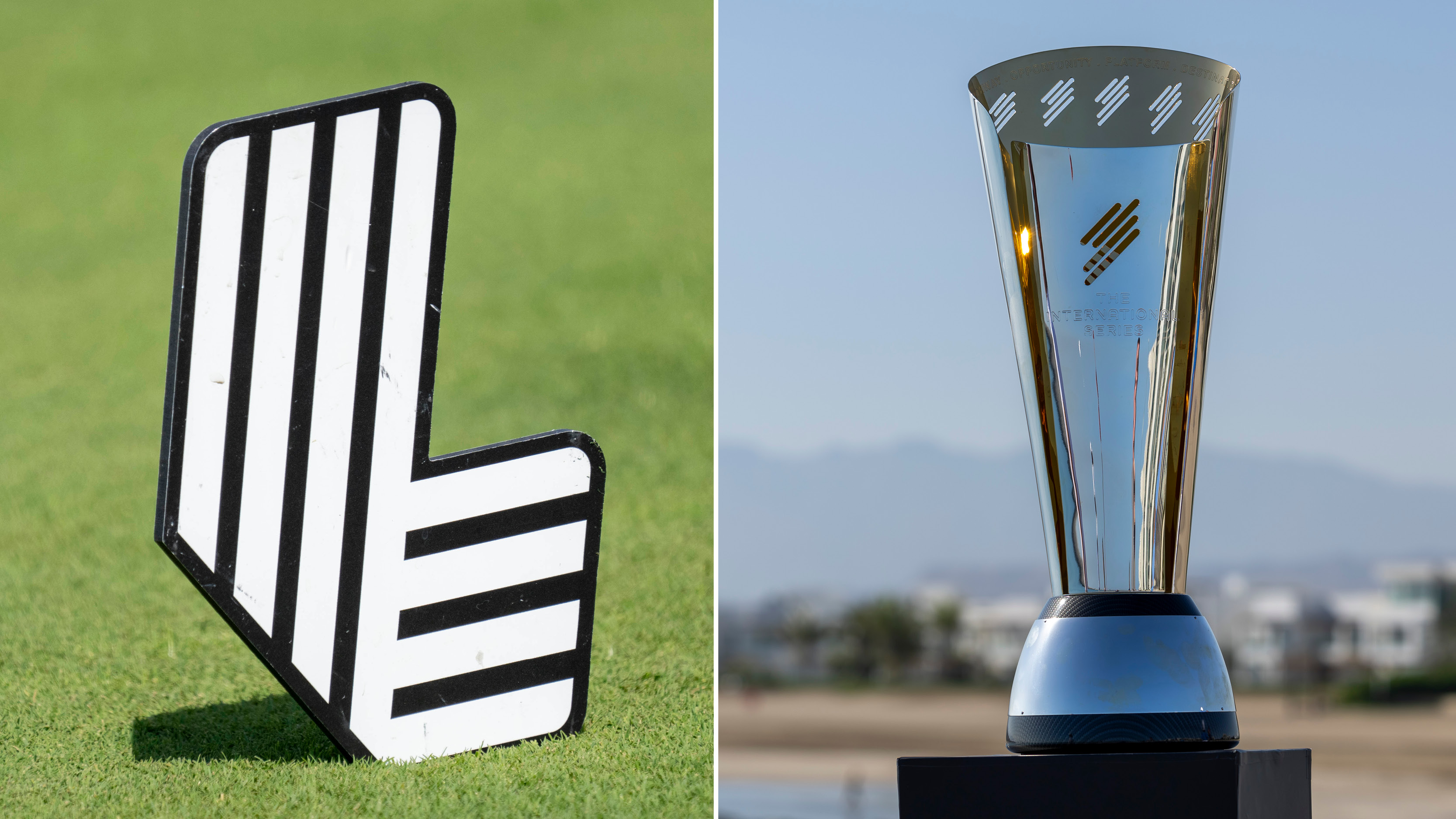 A LIV Golf logo and the International Series trophy