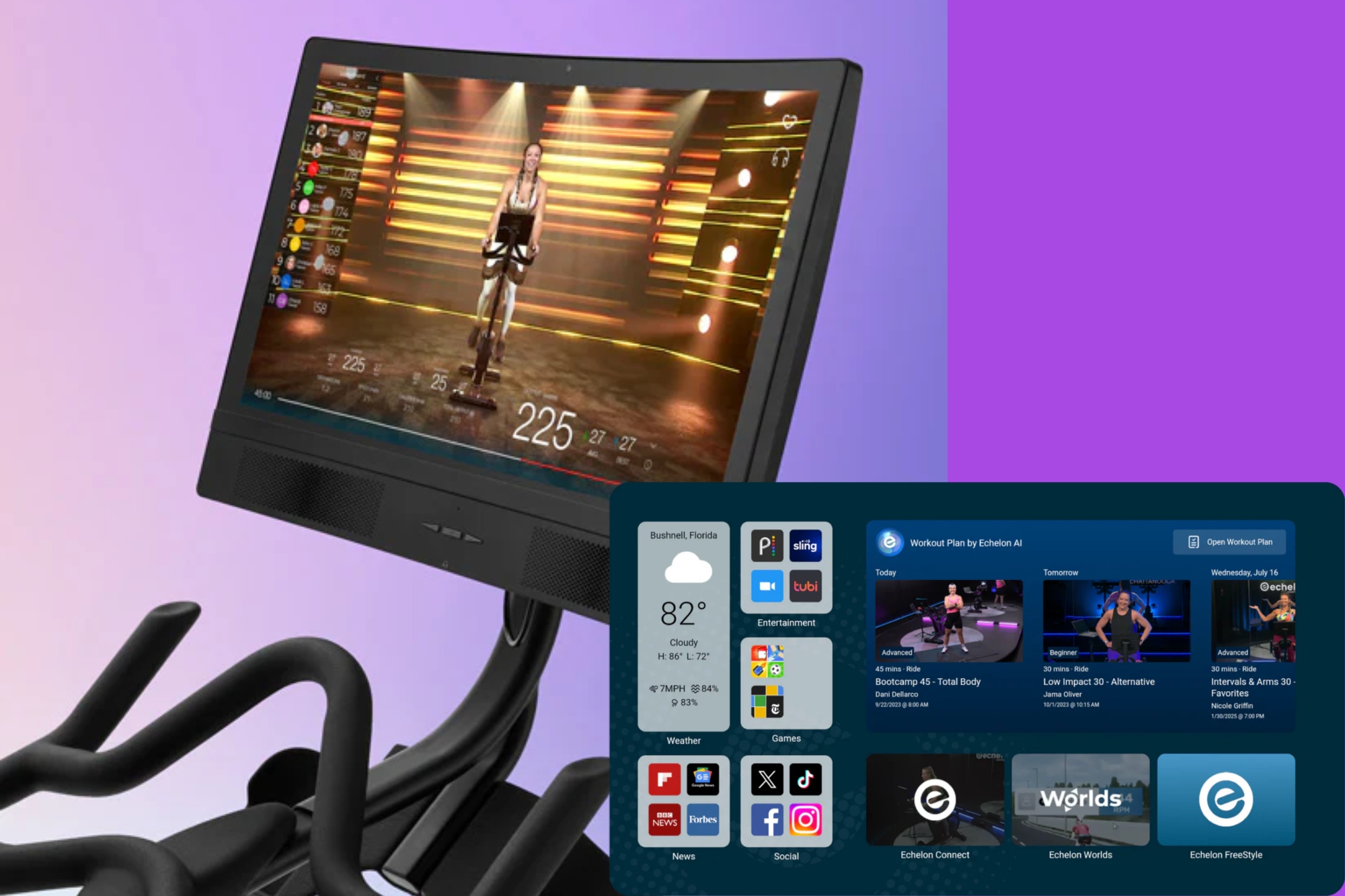 Two of the Echelon screens one shown on the bike the other, bottom right the a screen shot