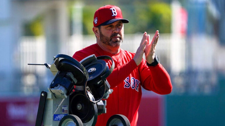 Boston Red Sox Jason Varitek, Game Planning Coordinator, (33) running catching drills. Day 8 Boston Red Sox Spring Training.