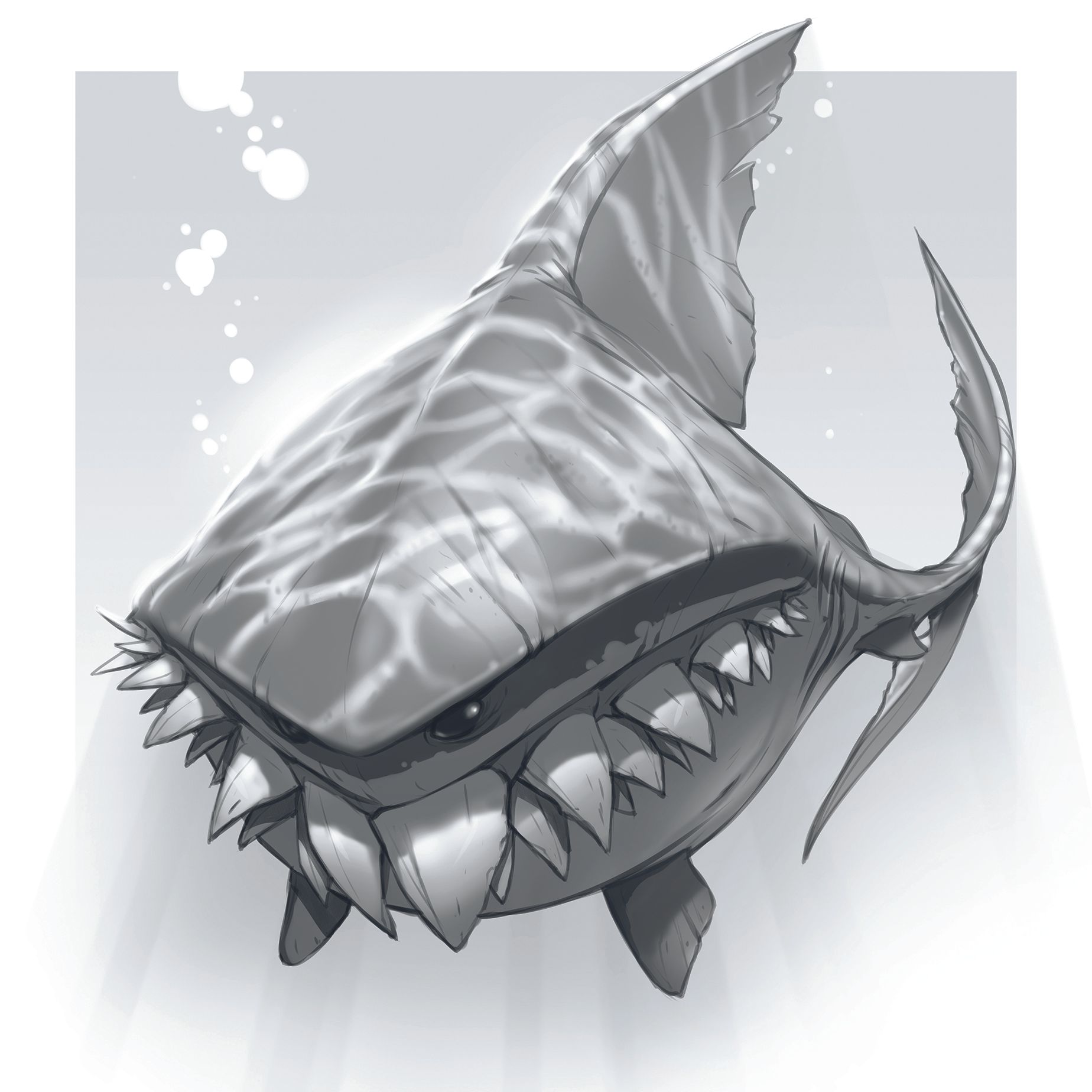 A sketch of a shark character design with buck teeth