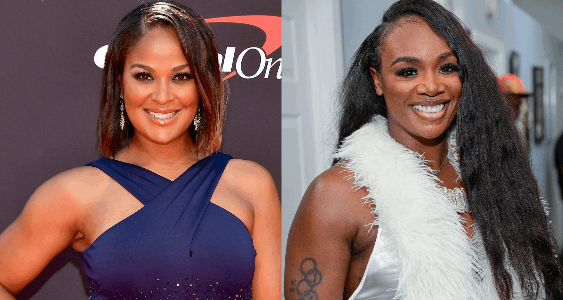 Laila Ali in a blue dress on the left, and Claressa Shields in a white outfit on the right, both smiling.