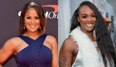 Laila Ali in a blue dress on the left, and Claressa Shields in a white outfit on the right, both smiling.