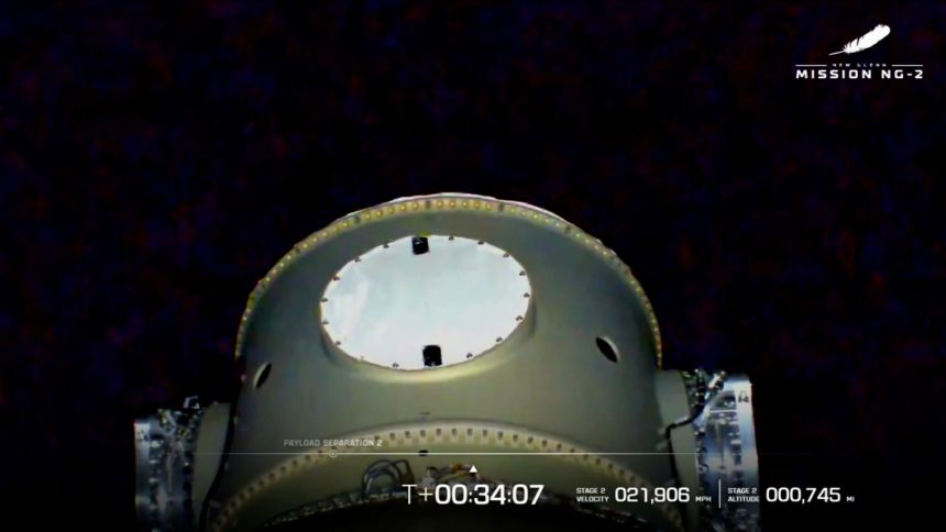 This image, taken from Blue Origin's webcast, shows the payload adapter of the company's New Glenn rocket as the Escapade satellites were deployed.