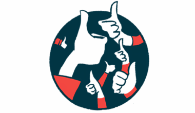 A group of hands within a black circle give the thumb