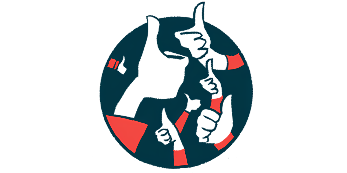 A group of hands within a black circle give the thumb