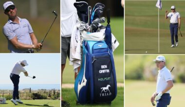 A close up of Ben Griffin's golf bag with pictures of him around the outside