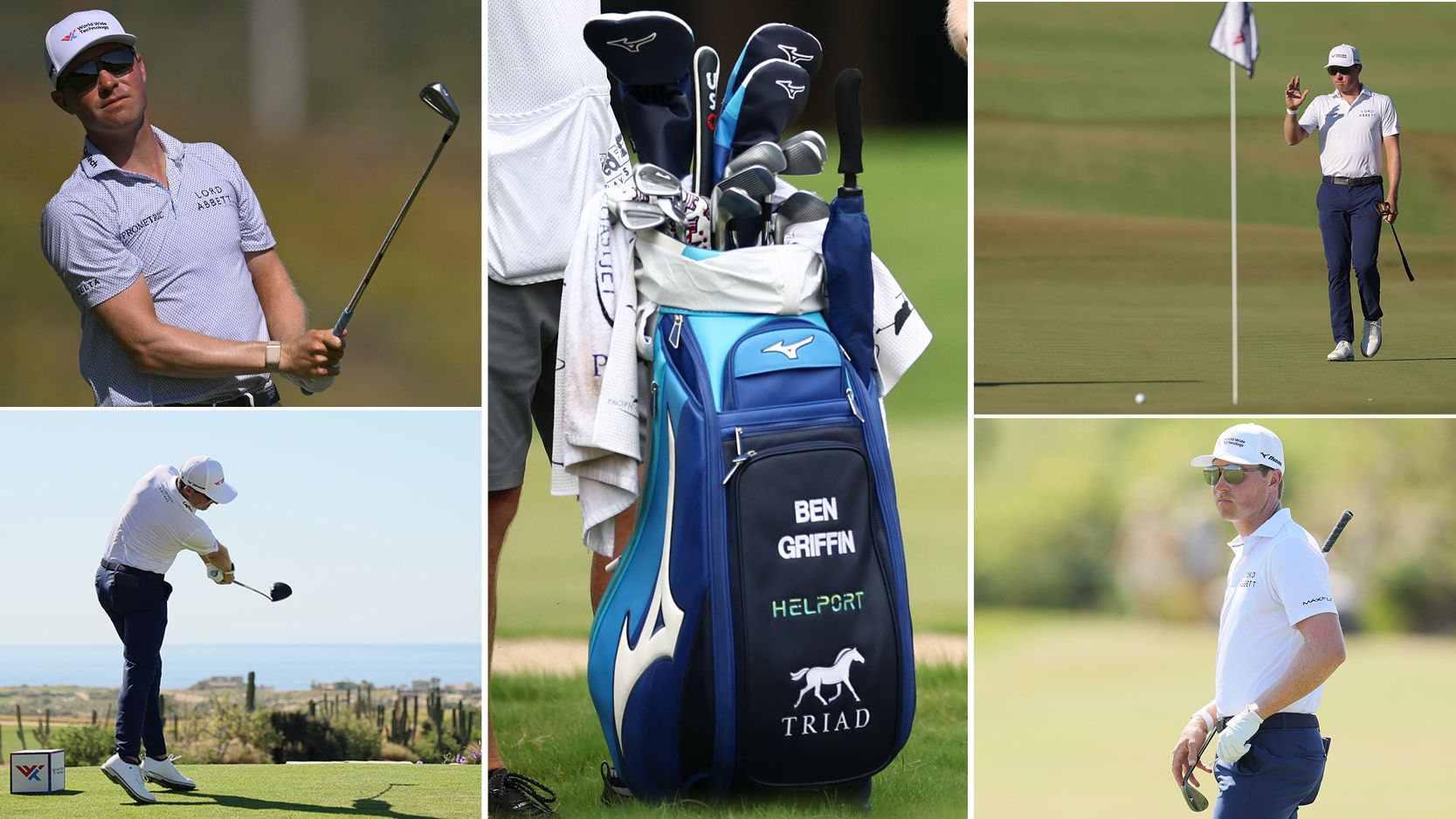 A close up of Ben Griffin's golf bag with pictures of him around the outside