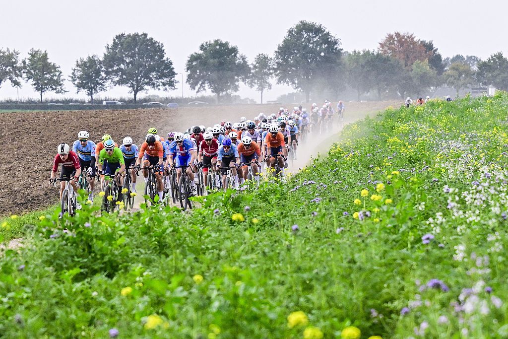 Belgian Tim Wellens and Slovenian Matej Mohoric pictured in action during the men's elite race at the UCI World Gravel Championships, Sunday 12 October 2025, in Maastricht, The Netherlands. BELGA PHOTO DIRK WAEM (Photo by DIRK WAEM / BELGA MAG / Belga via AFP) (Photo by DIRK WAEM/BELGA MAG/AFP via Getty Images)