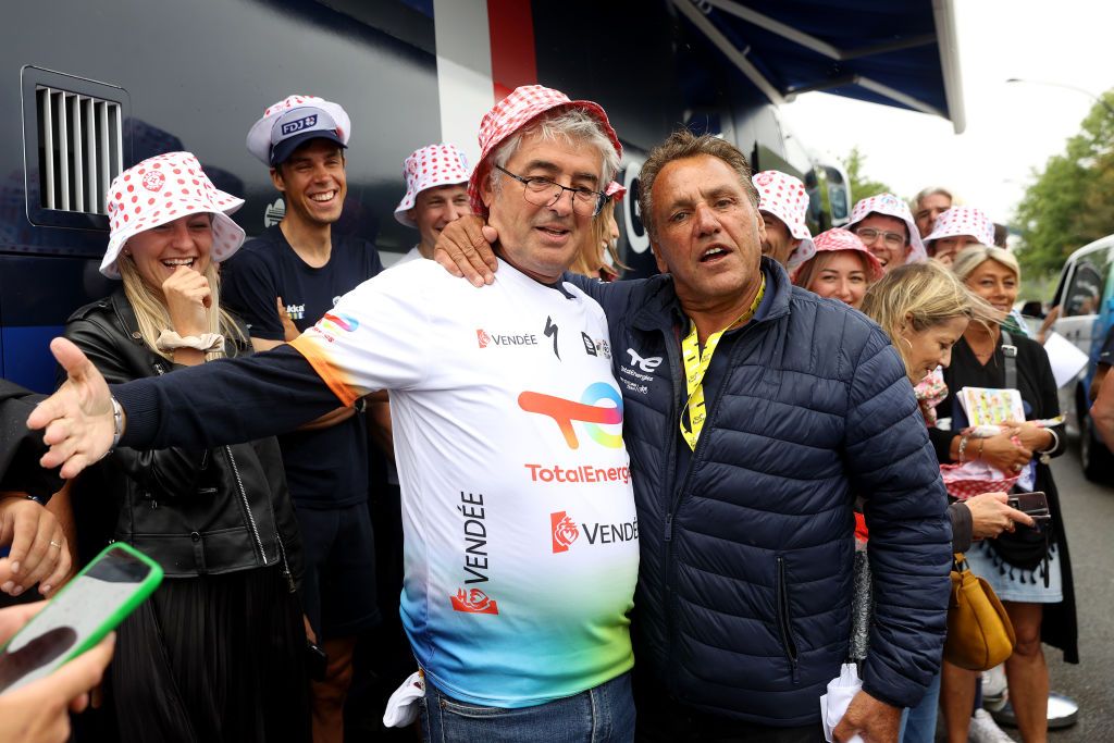 SAINT-QUENTIN-EN-YVELINES, FRANCE - JULY 23: (L-R) Marc Madiot of France general team manager Team Groupama-FDJ and Jean-Ren&eacute; Bernaudeau of France general team manager of Team TotalEnergies prior to the stage twenty-one of the 110th Tour de France 2023 / #UCIWT / on July 23, 2023 in Saint-Quentin-en-Yvelines, France. (Photo by Michael Steele/Getty Images)