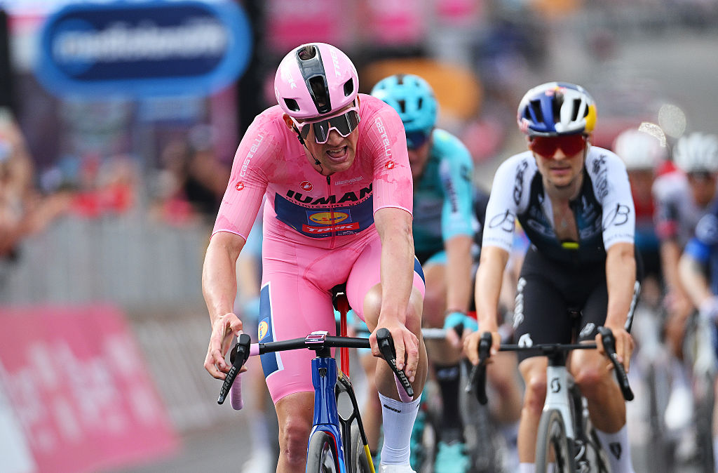 LECCE, ITALY - MAY 14: Stage winner Mads Pedersen of Denmark and Team Lidl - Trek - Pink Leader Jersey reacts crossing the finish line the 108th Giro d&amp;apos;Italia 2025, Stage 5 a 151km stage from Ceglie Messapica to Lecce / #UCIWT / on May 14, 2025 in Lecce, Italy. (Photo by Tim de Waele/Getty Images)