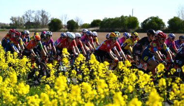 DENAIN, FRANCE - APRIL 12: (L-R) Sofia Bertizzolo of Italy and Team UAE Team ADQ, Marte Berg Edseth of Norway and Team Uno-X Mobility and Lauretta Hanson of Australia and Team Lidl-Trek compete passing through flowery landscape during the 5th Paris-Roubaix Femmes 2025 a 148.5km one day race from Denain to Roubaix / #UCIWT / on April 12, 2025 in Roubaix, France. (Photo by Luc Claessen/Getty Images)