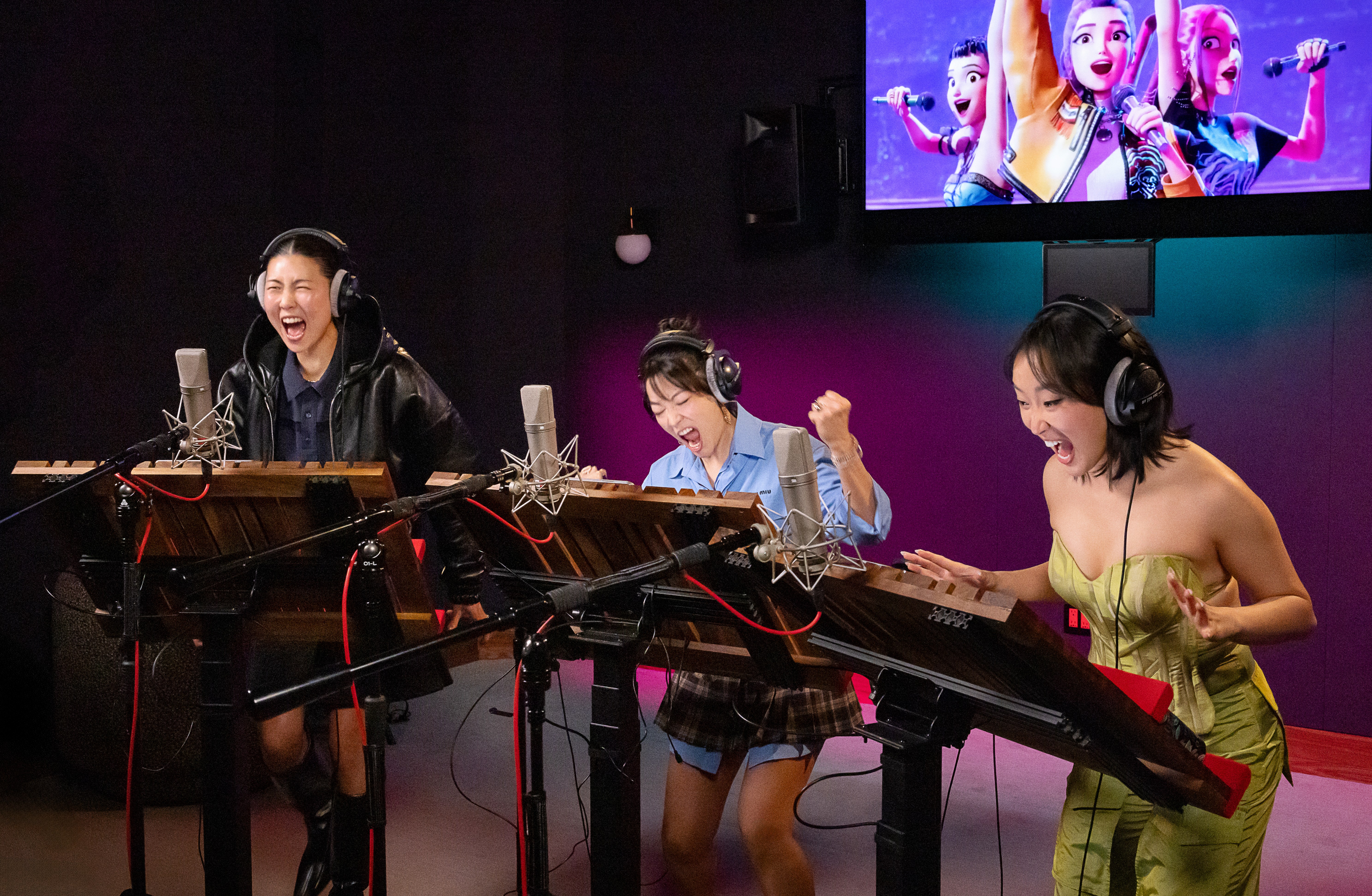 Ji-young Yoo, Arden Cho, and May Hong recording voice work for KPOP DEMON HUNTERS.