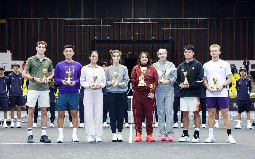 Members of Team Conchita and Team Li Na pose with their trophies following the conclusion of the 2025 MGM Macau Tennis Masters